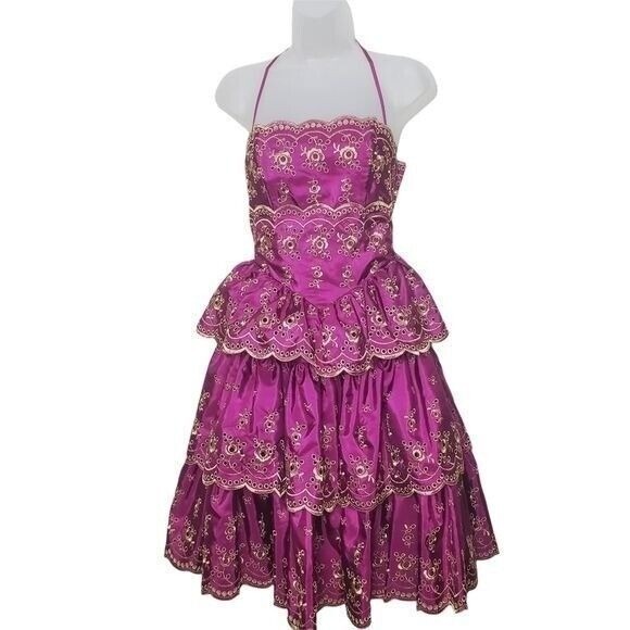 Betsey Johnson Dresses & Skirts - Betsey Johnson Womens Y2K Fairy Tiered Embroidered Halter Dress 2 Magenta NEW